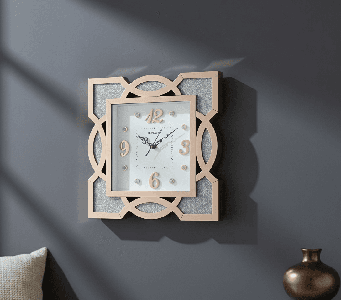 Gold Mirrored & Glitter Wall Clock Modern Decorative Analog Timepiece styled in a room setting 5