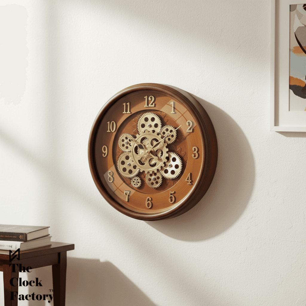 Matiz 16 Inch Industrial Steampunk Wall Clock With Exposed Gears styled in a room setting 1