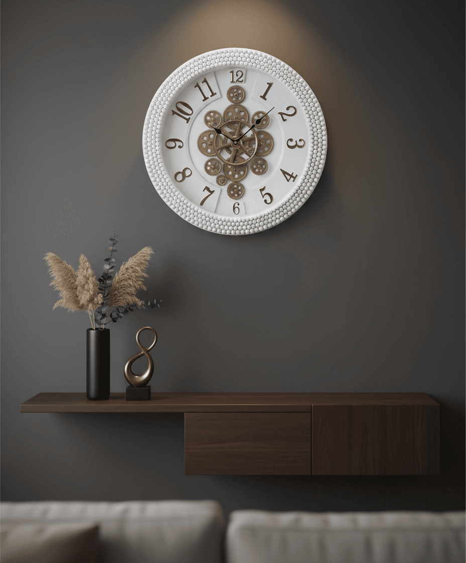 Ornate White Wall Clock With Visible Gears And Beaded Frame styled in a room setting 2