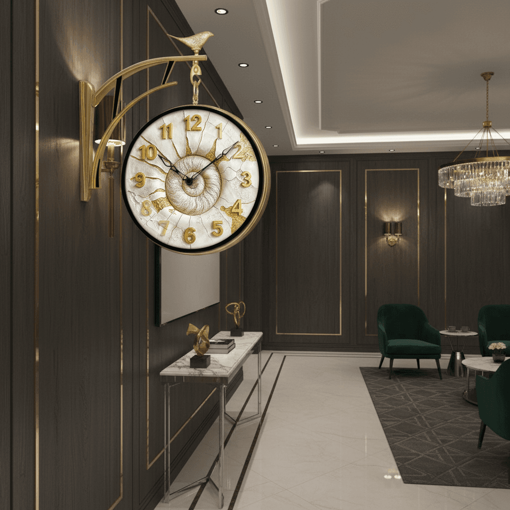 Gold Double Sided 12 Inch Wall Clock With Bird & Nautilus Dial styled in a room setting 2
