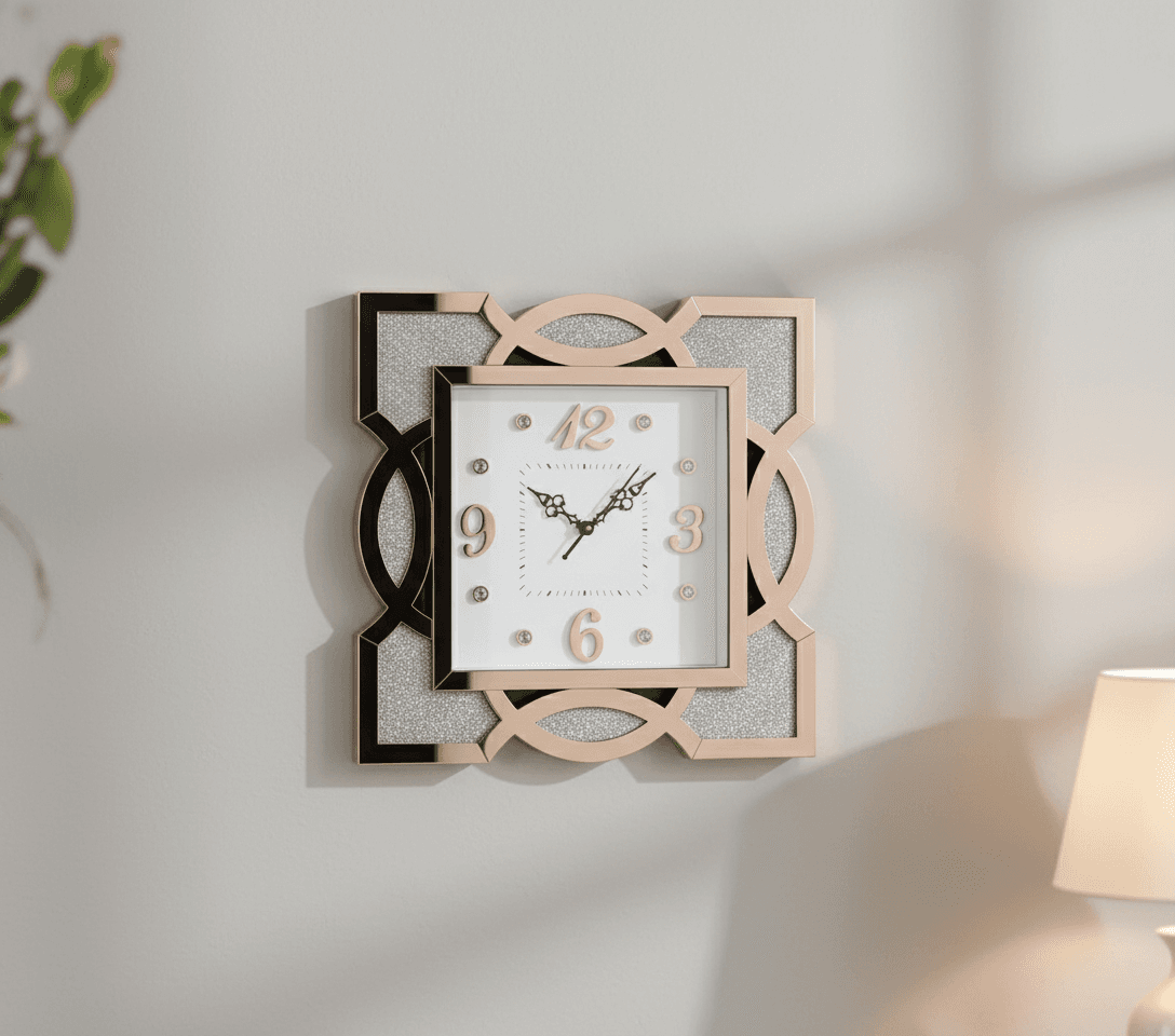 Rose Gold & Glitter Square Decorative Wall Clock styled in a room setting 3