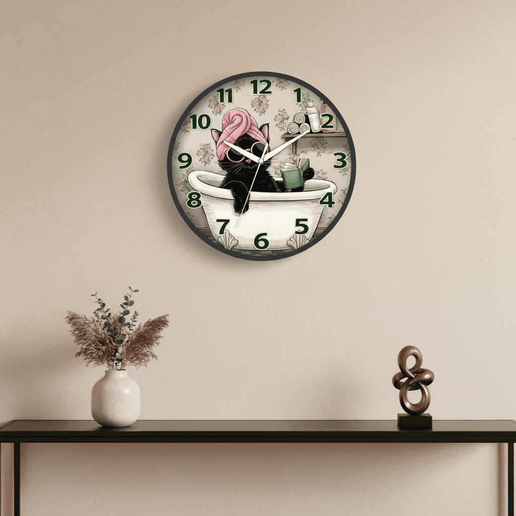 Whimsical Cat In Bathtub Floral Analog Wall Clock styled in a room setting 2