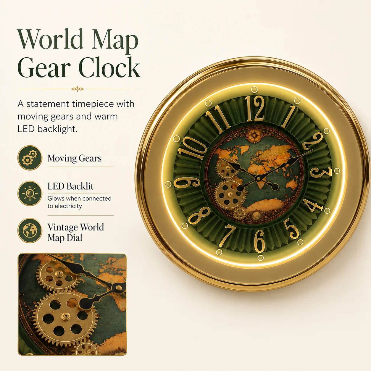 The clock Factory World Map Green Wall Clock with Visible Gears - Premium Wall Clock 20 inch