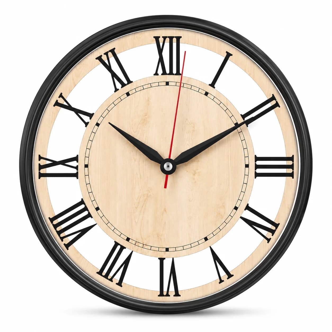 The Clock Factory 12-inch Classic Roman Numeral Wall Clock with Wood Grain Dial