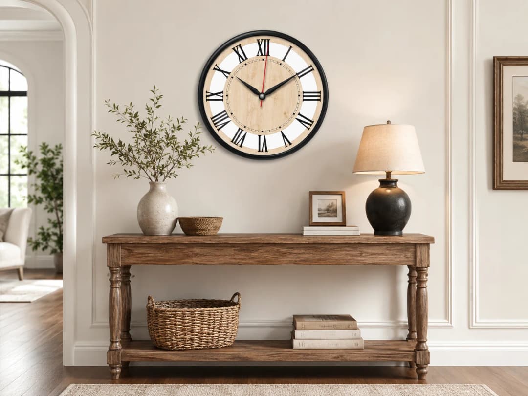 The Clock Factory 12-inch Classic Roman Numeral Wall Clock with Wood Grain Dial on wall color