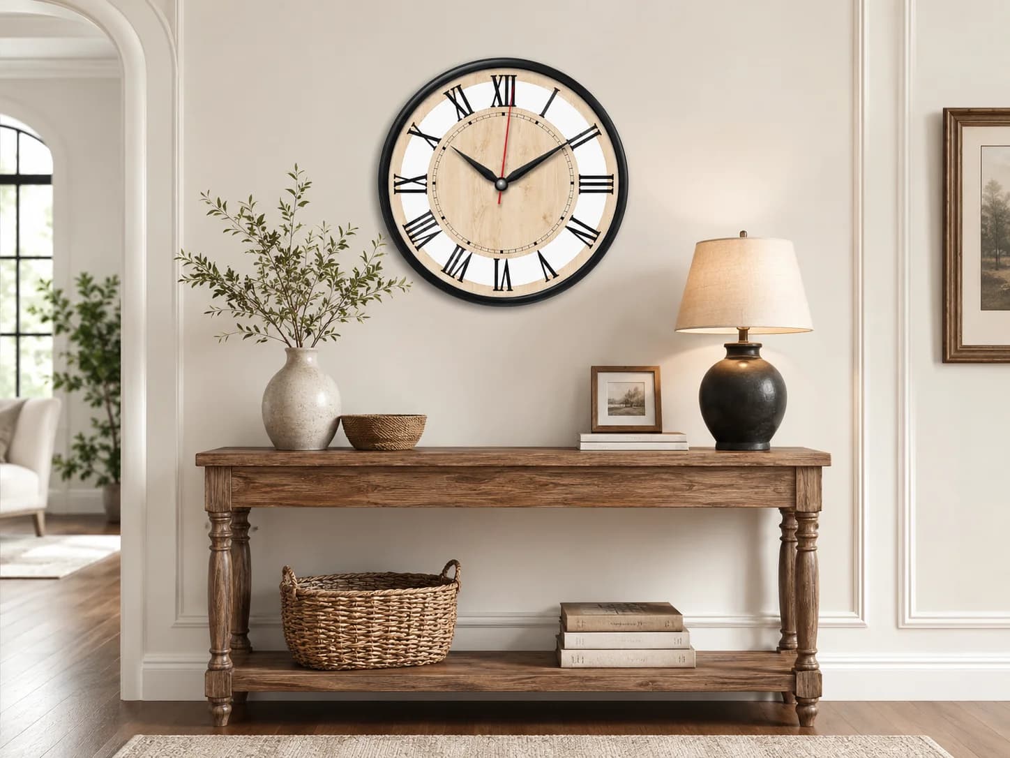 The Clock Factory 12-inch Classic Roman Numeral Wall Clock with Wood Grain Dial dimensions