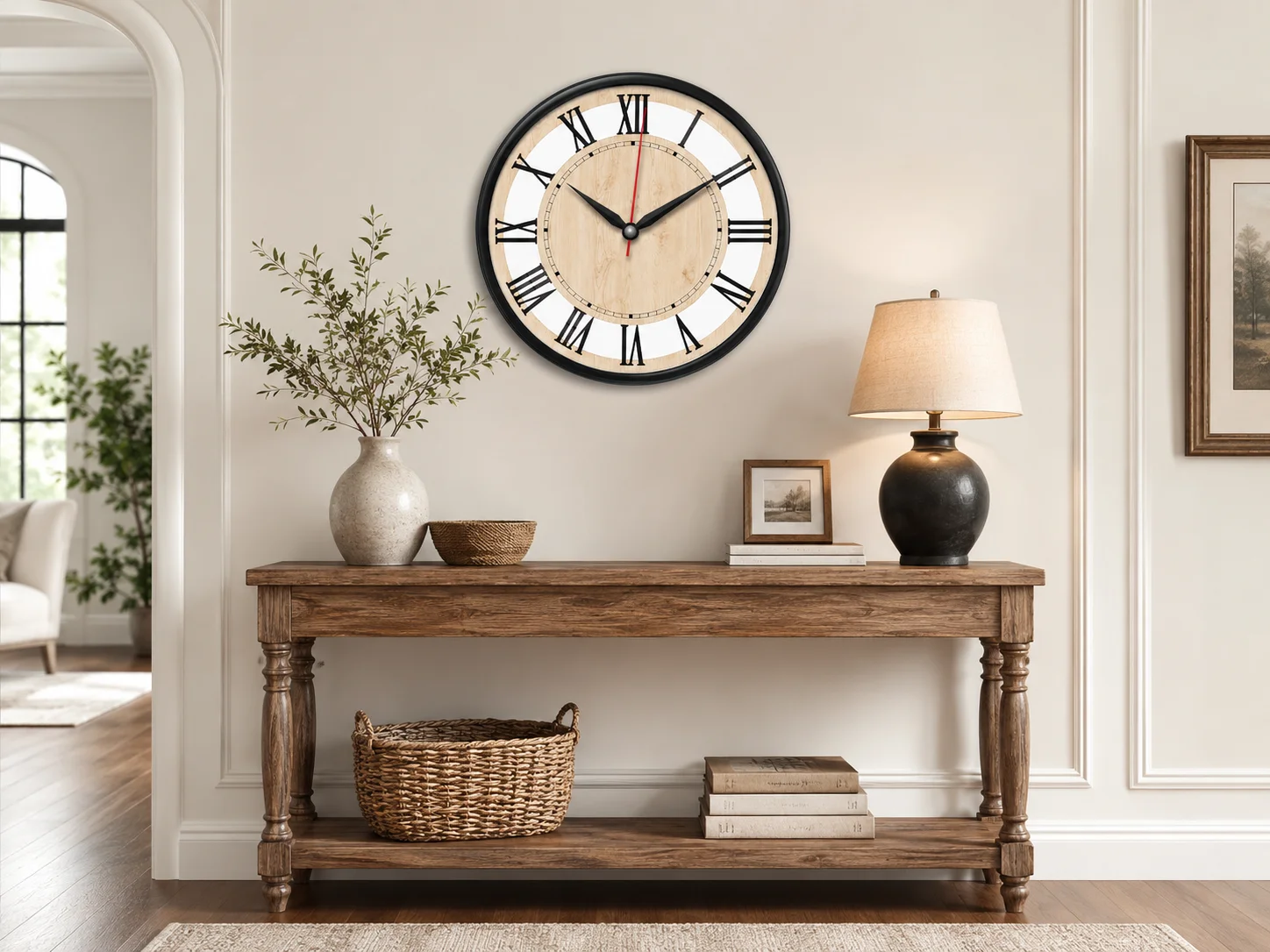 The Clock Factory 12-inch Classic Roman Numeral Wall Clock with Wood Grain Dial - Premium Wall Clock 12 inch