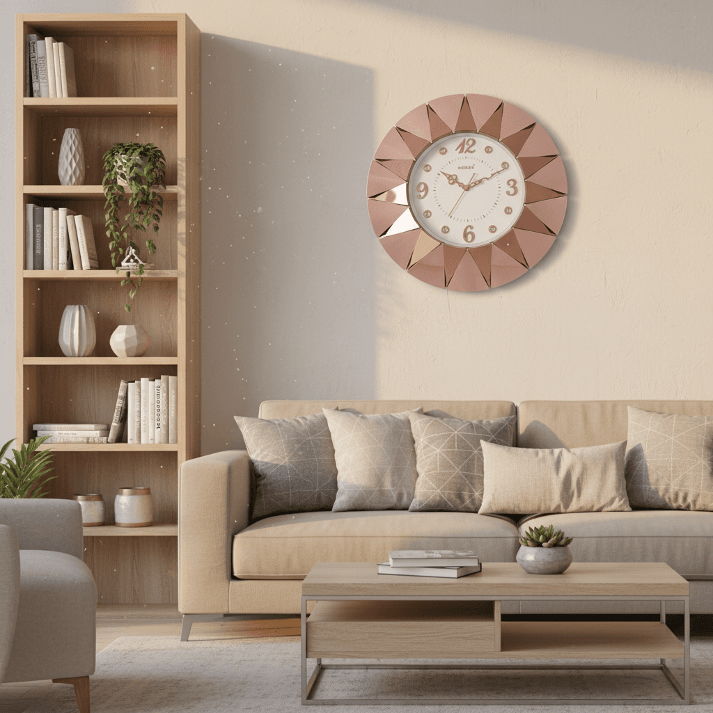 Rose Gold Sunburst Wall Clock styled in a room setting 1