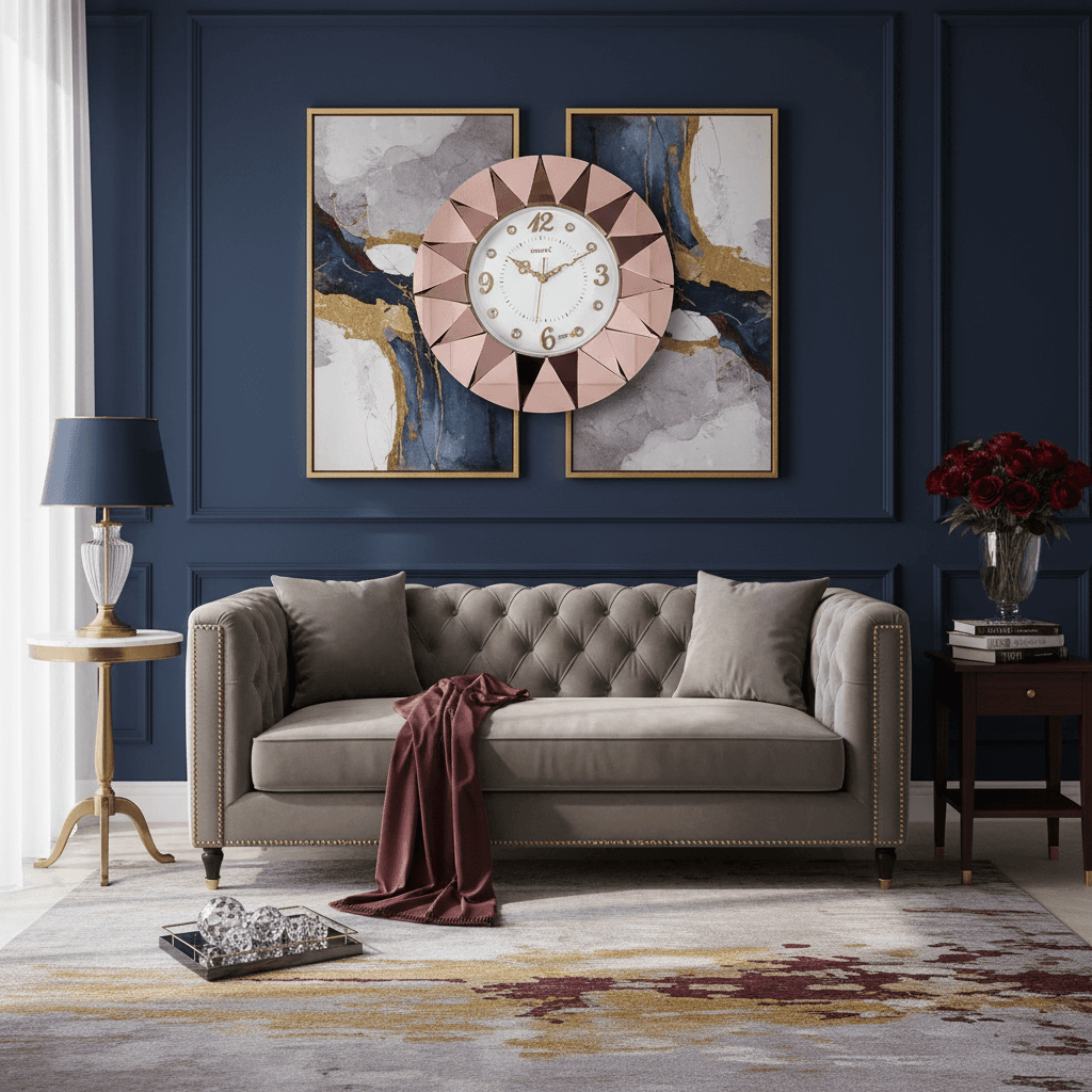 Rose Gold Sunburst Wall Clock styled in a room setting 5