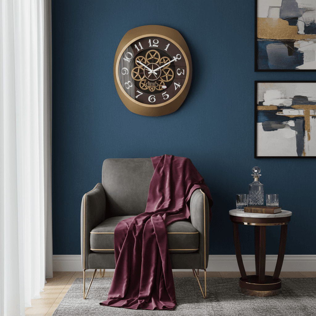 Gold Gear Wall Clock Elegant Home Decor styled in a room setting 2