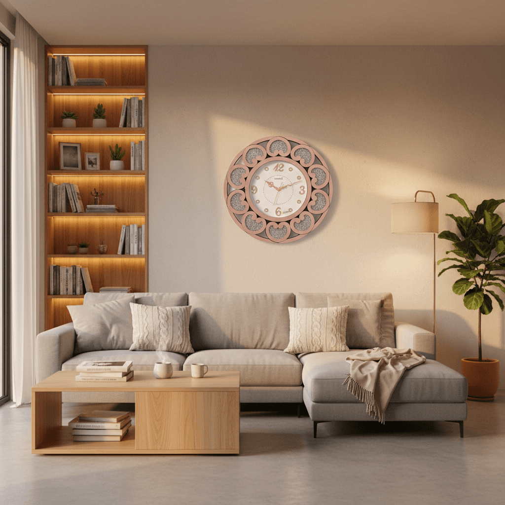 Rose Gold Sparkle Wall Clock Surya styled in a room setting 1